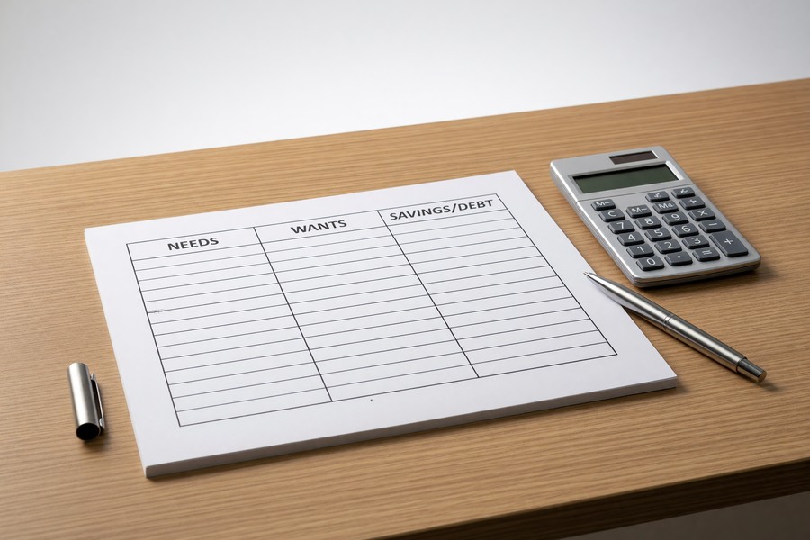 Screenshot mockup of a 50/30/20 budget tracker dashboard showing three spending categories