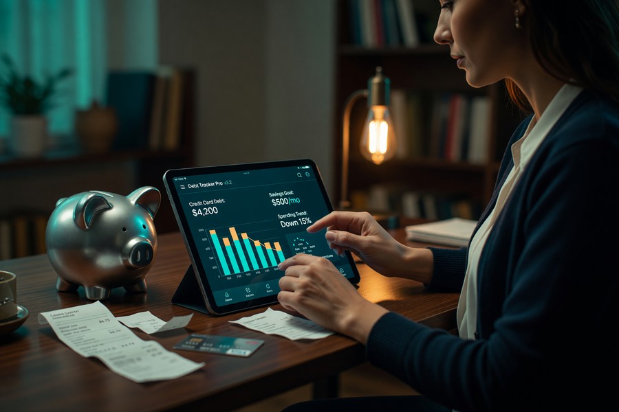 Person reviewing personal finance app budget dashboard on laptop at home desk