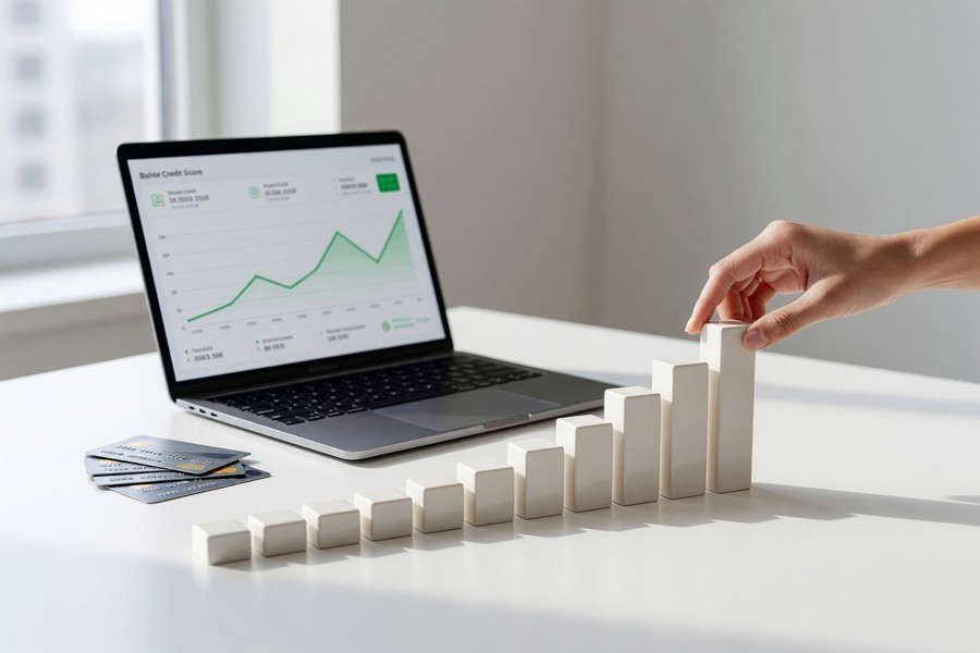 Timeline graph showing average FICO Score growth over 12 months of secured card use