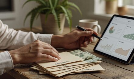Person stuffing cash into labeled envelopes for cash stuffing budgeting method