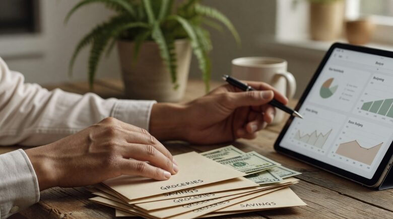 Person stuffing cash into labeled envelopes for cash stuffing budgeting method