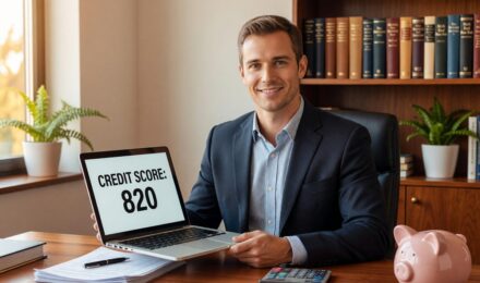 Person reviewing their good credit score on a smartphone with a financial dashboard