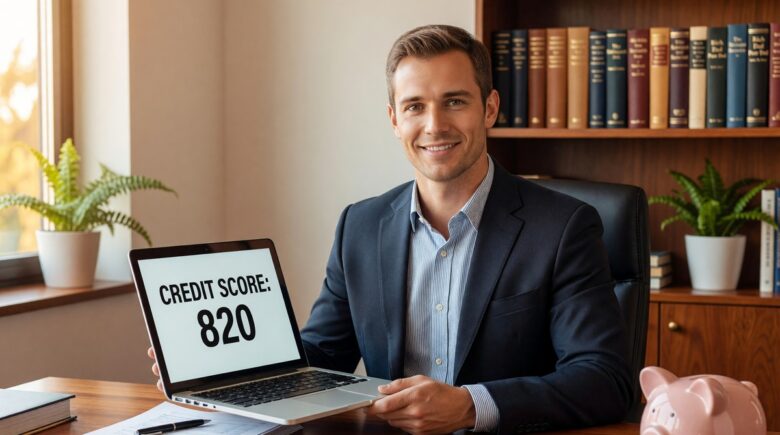Person reviewing their good credit score on a smartphone with a financial dashboard