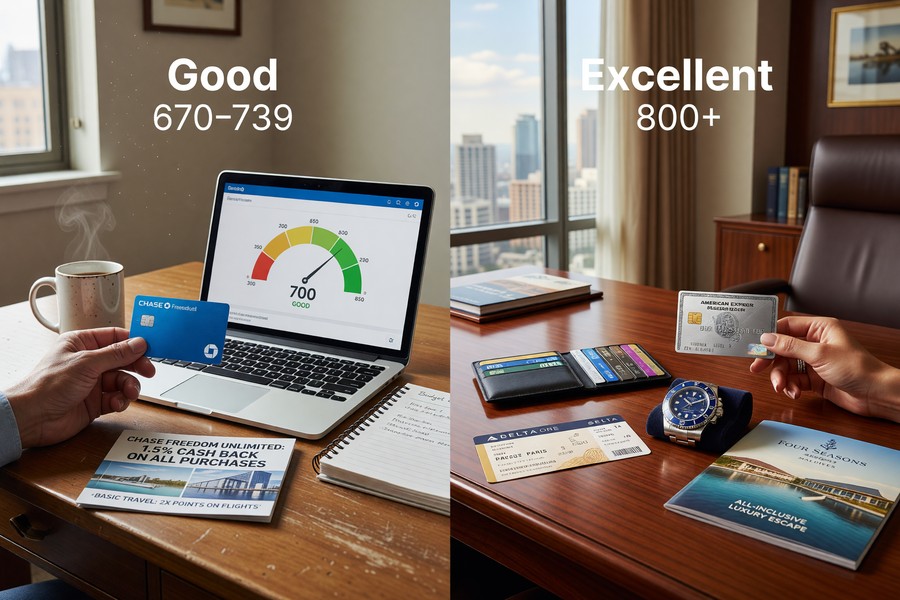 Side-by-side comparison of credit card reward tiers available at good versus excellent FICO scores