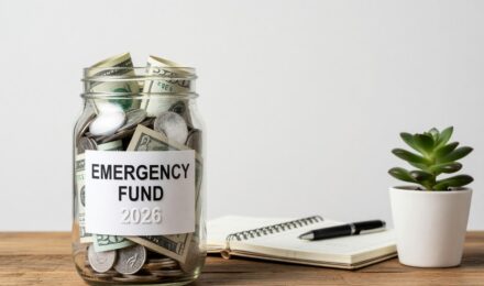 Person building a 6-month emergency fund in 2026 with a savings jar and financial plan
