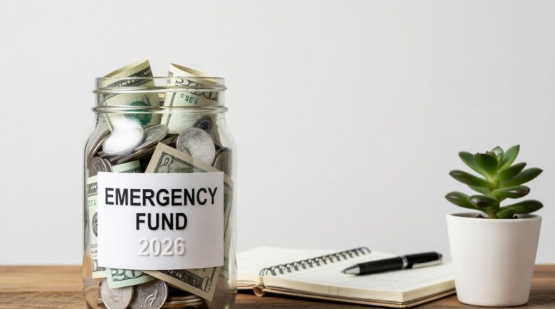 Person building a 6-month emergency fund in 2026 with a savings jar and financial plan
