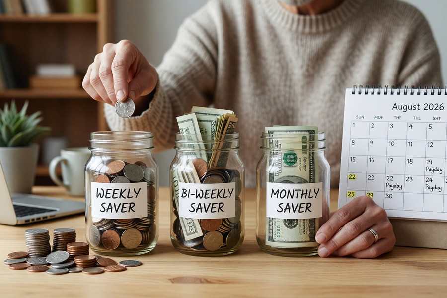 Infographic showing a 24-month emergency fund savings timeline with monthly milestones and target amounts
