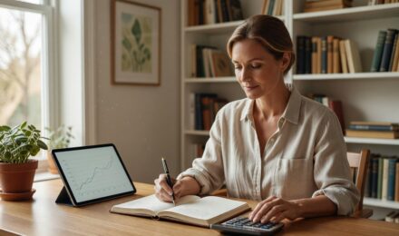 Person calculating net worth by listing assets and liabilities on a financial worksheet