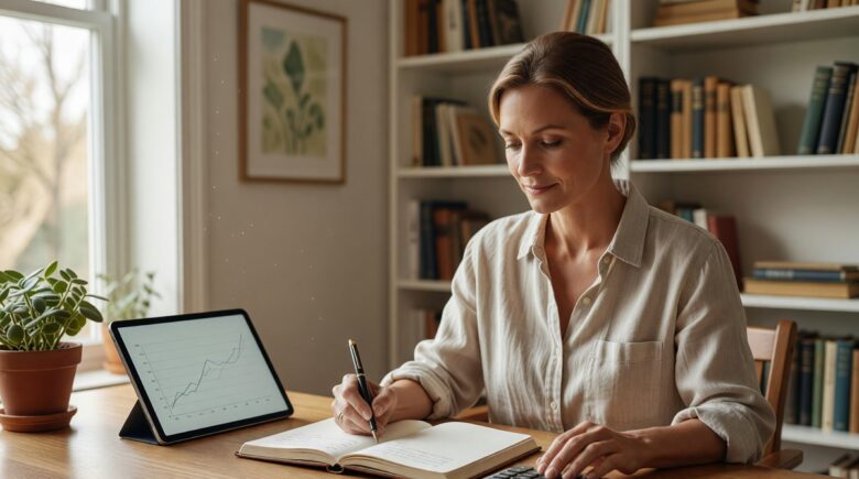 Person calculating net worth by listing assets and liabilities on a financial worksheet