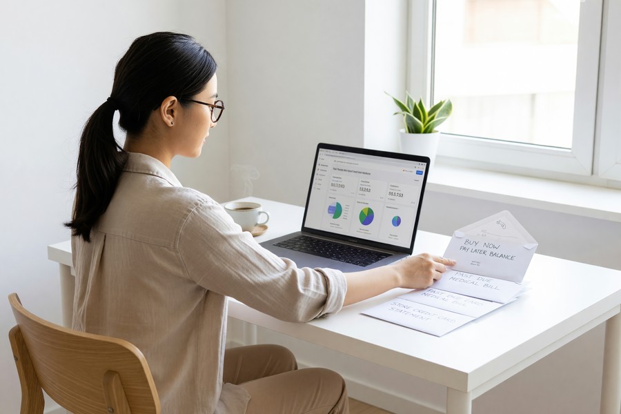 A person reviewing a personal finance spreadsheet with asset and debt columns at a desk