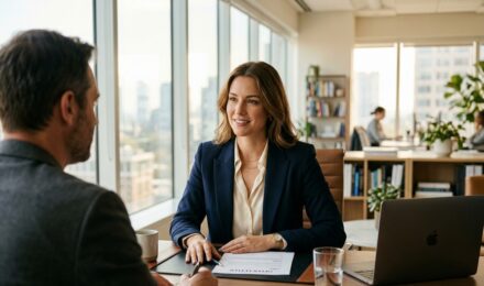 Professional confidently negotiating a higher salary with a manager across a desk