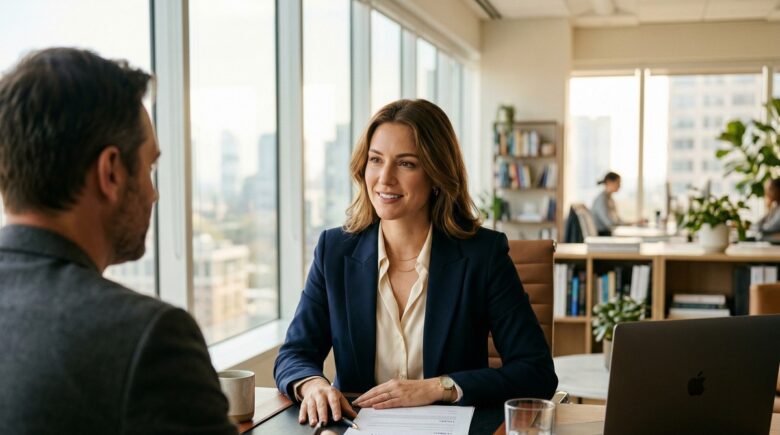 Professional confidently negotiating a higher salary with a manager across a desk