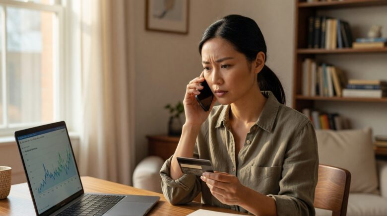 Person on phone negotiating a lower credit card interest rate with their bank