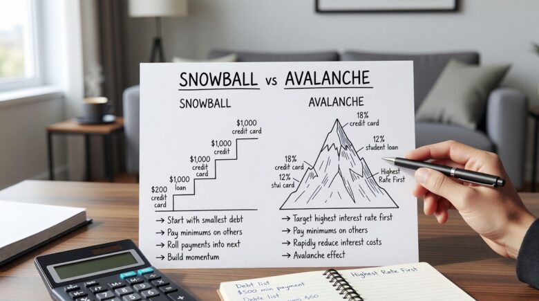 Person comparing snowball and avalanche debt payoff methods on a whiteboard