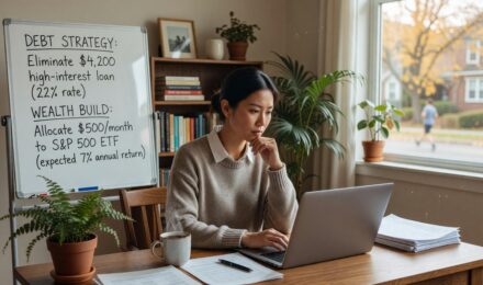 Person weighing the decision to pay off debt or invest with a balance scale and financial documents