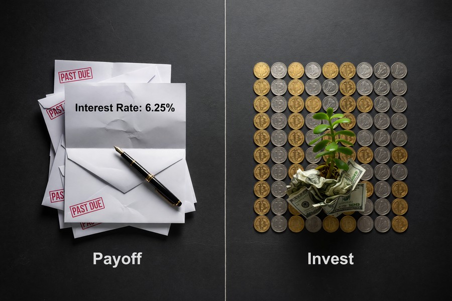 Flowchart showing the sequential hybrid strategy for debt payoff versus investing decisions