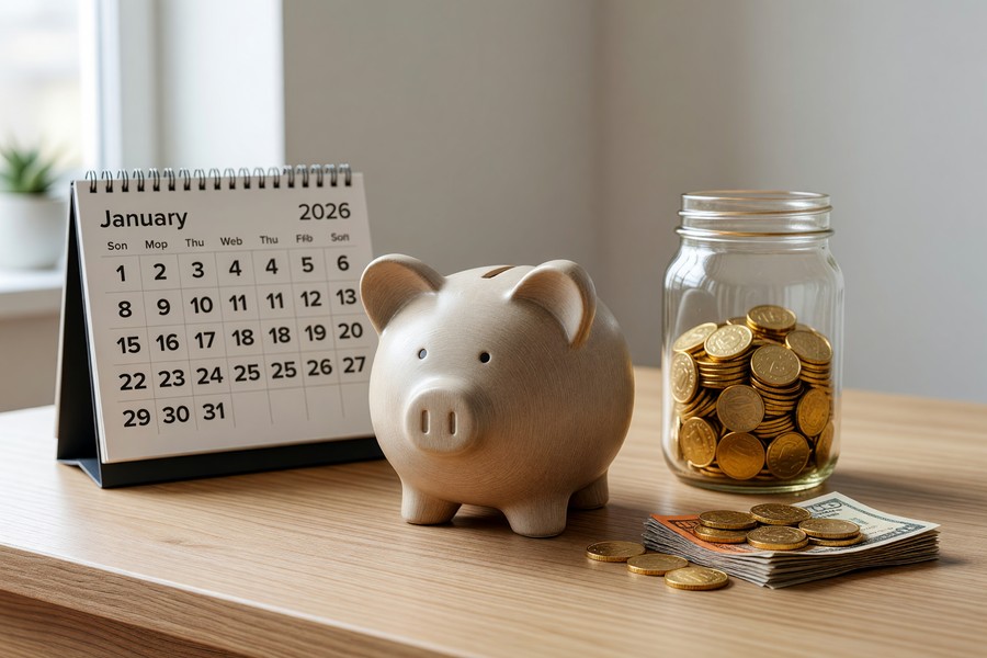Simple diagram showing money flowing monthly into labeled sinking fund jars