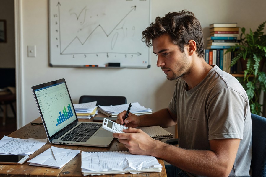 Person reviewing their credit report on a laptop, taking notes on key factors