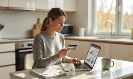 Person reviewing health savings account details on a laptop with medical and financial documents nearby