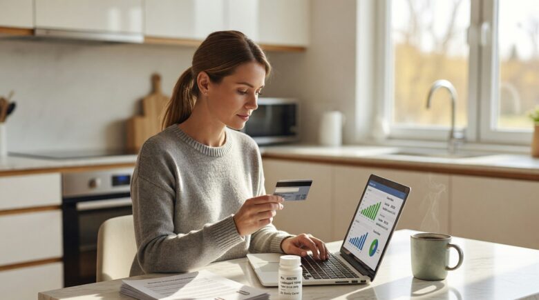 Person reviewing health savings account details on a laptop with medical and financial documents nearby