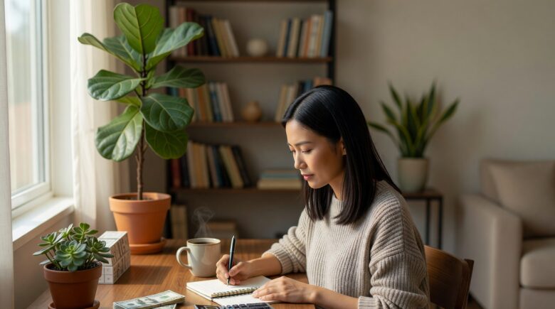 Person reviewing money market account details on a laptop with a savings growth chart in the background