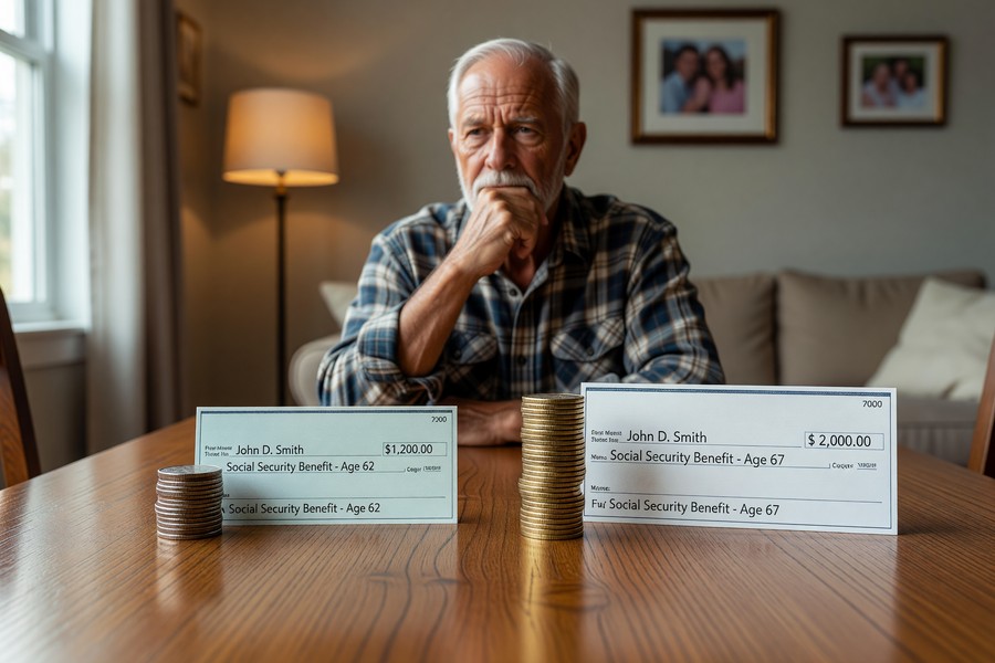 Bar chart comparing monthly Social Security benefit amounts at ages 62, 67, and 70