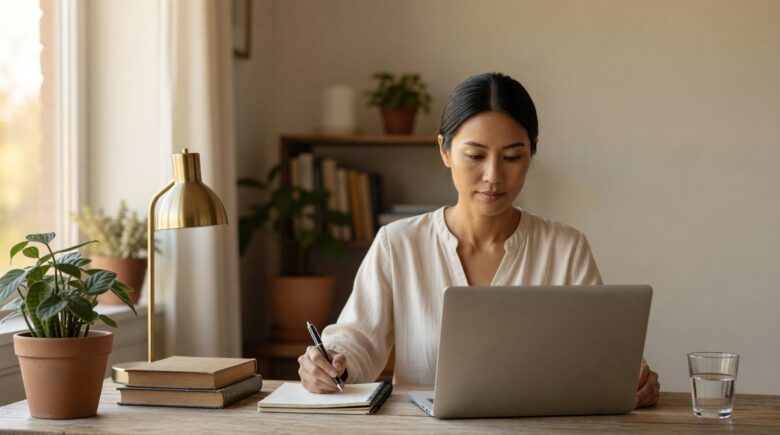 Person creating a zero-based budget on paper with calculator and monthly expense categories