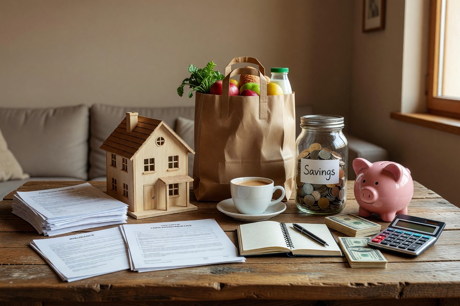 Person writing a monthly zero-based budget on paper with income and expense columns