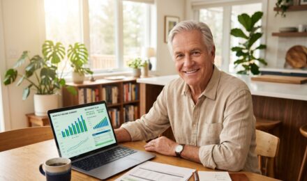 Retired couple reviewing 401k monthly retirement income plan at home