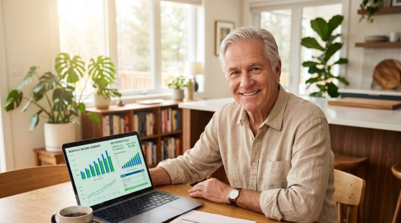 Retired couple reviewing 401k monthly retirement income plan at home