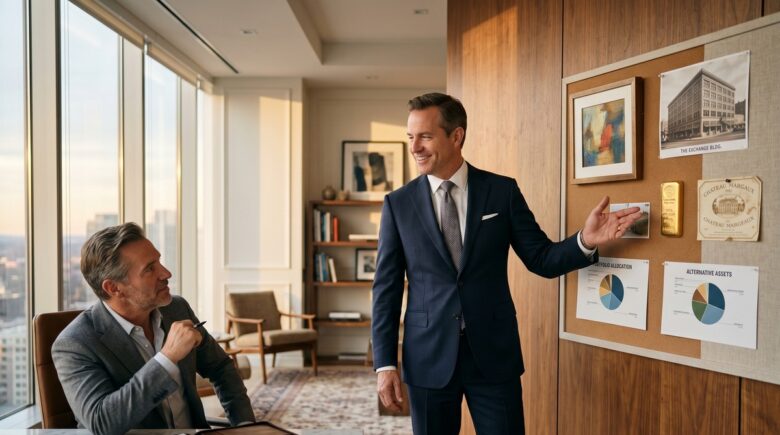 Diverse alternative assets including real estate, gold, and cryptocurrency for wealth diversification