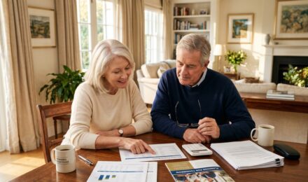Retired couple reviewing annuity contract options with a financial advisor at a desk