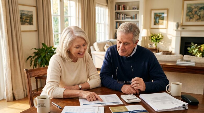Retired couple reviewing annuity contract options with a financial advisor at a desk