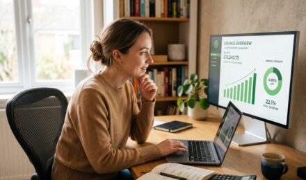 Calculator and savings account statement comparing APY vs interest rate