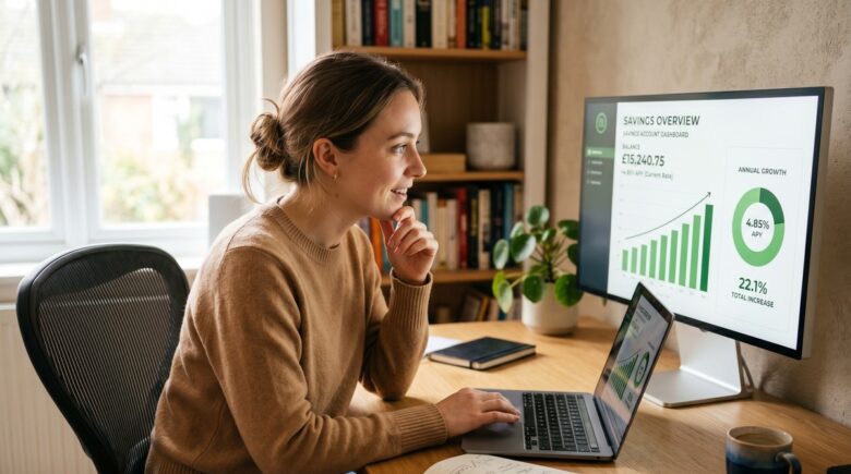 Calculator and savings account statement comparing APY vs interest rate