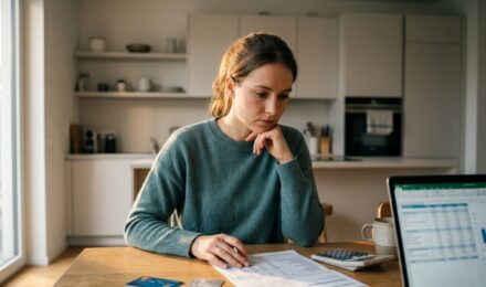 Person reviewing balance transfer card offer with calculator and credit card bills on desk
