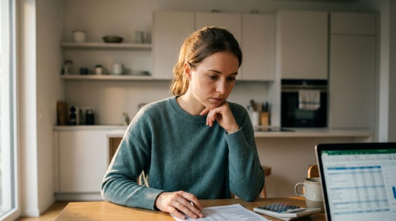Person reviewing balance transfer card offer with calculator and credit card bills on desk