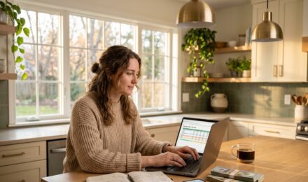 Person reviewing a bi-weekly budget spreadsheet on a laptop with a calendar and paycheck nearby