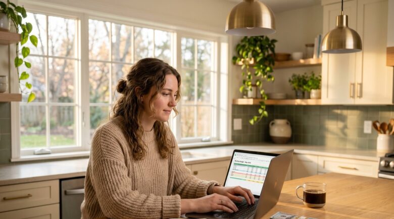 Person reviewing a bi-weekly budget spreadsheet on a laptop with a calendar and paycheck nearby