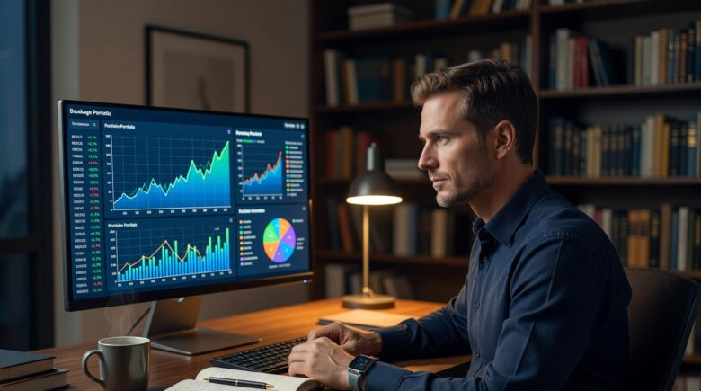 Person reviewing a brokerage account portfolio on a laptop to build long-term wealth