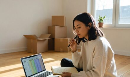 Young adult reviewing budget spreadsheet while planning expenses for first apartment