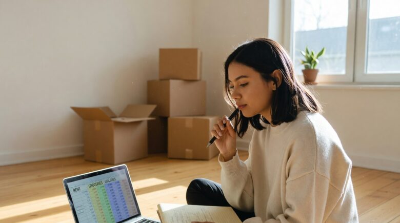 Young adult reviewing budget spreadsheet while planning expenses for first apartment