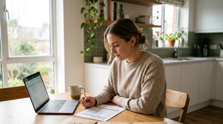 Person splitting paycheck into budget percentage categories using a pie chart and calculator