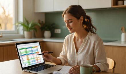 Person using a budget tracking template on a laptop to monitor monthly expenses and savings