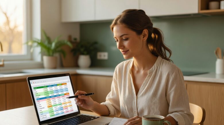 Person using a budget tracking template on a laptop to monitor monthly expenses and savings