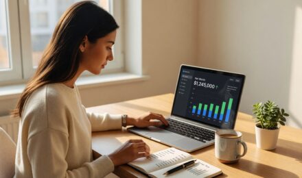 Person reviewing a net worth tracker spreadsheet on a laptop with financial growth charts