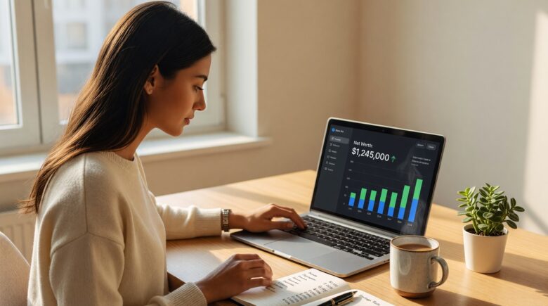 Person reviewing a net worth tracker spreadsheet on a laptop with financial growth charts