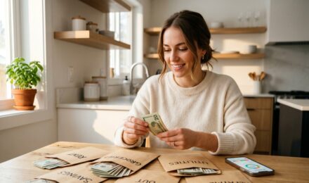 Person organizing cash into labeled budget envelopes for the cash envelope budgeting system