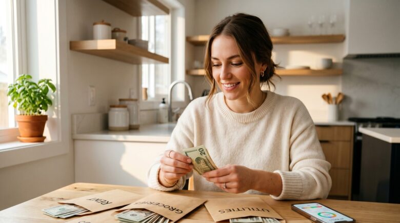 Person organizing cash into labeled budget envelopes for the cash envelope budgeting system