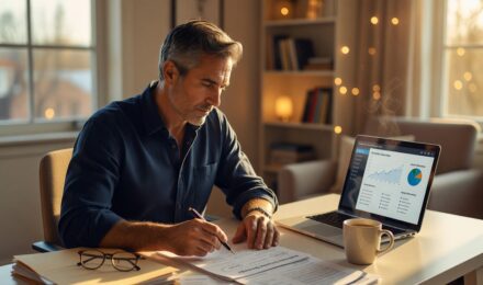 Person in their 50s reviewing retirement savings plan at a desk with financial documents and a calculator